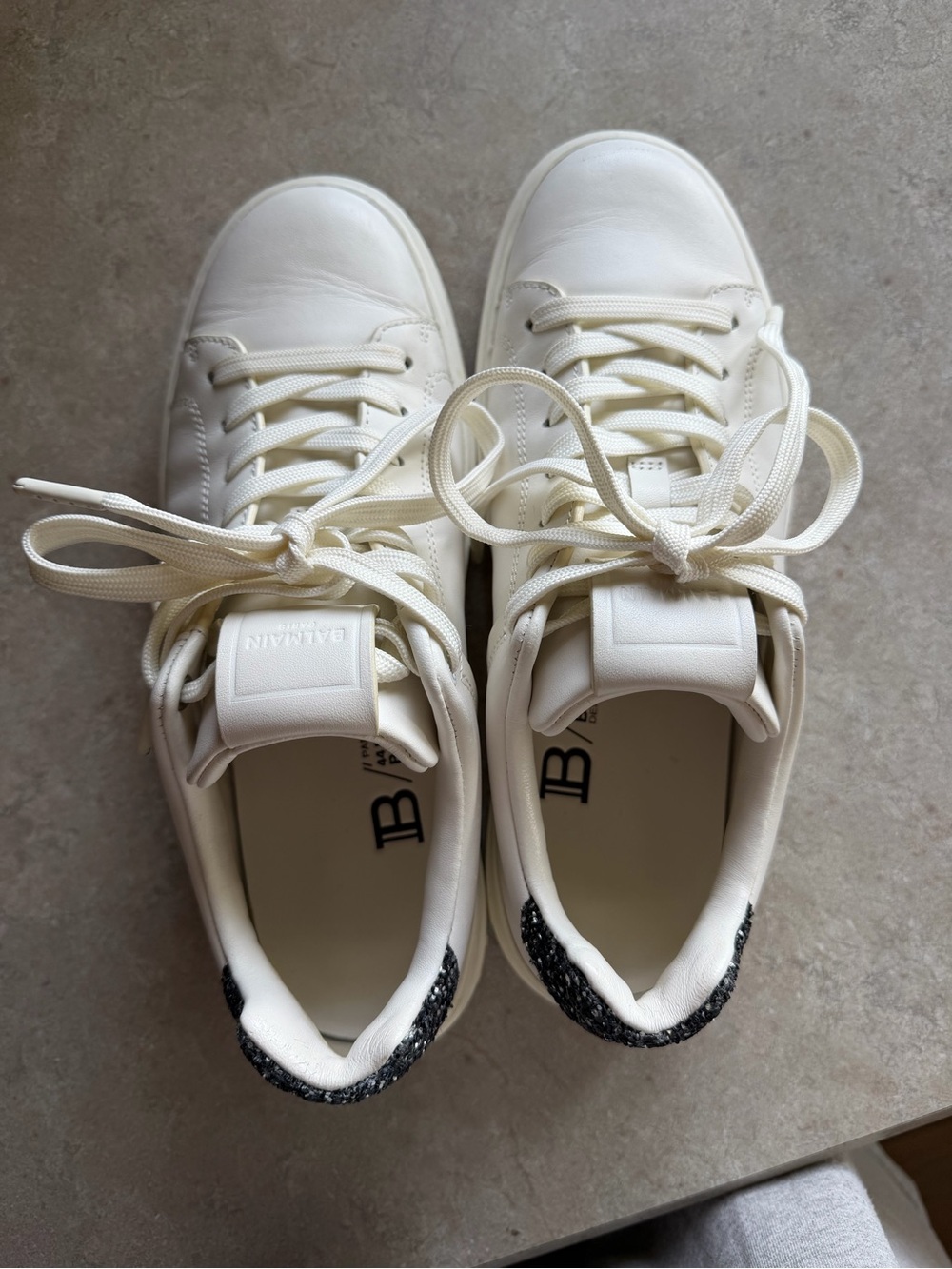 Authentic Balmain Off White Sneakers with Black Glitter Heel